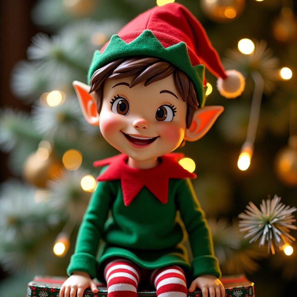 An elf character sits on a Christmas tree. The elf wears a green top with red trim and red and white striped trousers. The elf has brown hair and a red hat with green trim. The elf has a playful demeanor, speaking about visiting the North Pole and expressing excitement for Christmas.