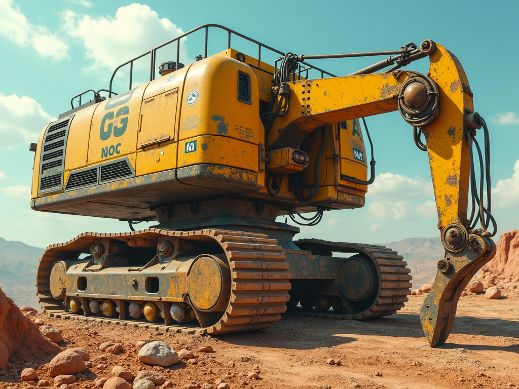 A rugged, yellow excavator equipped with tracks stands on a rocky, arid terrain beneath a clear sky with scattered clouds.