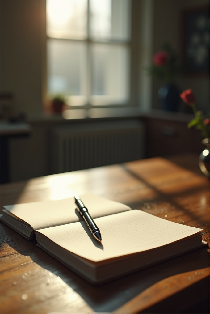 An open notebook with a pen rests on a sunlit wooden table by a window.