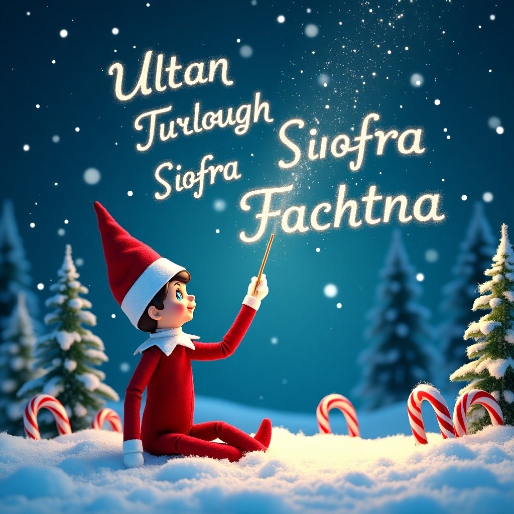 The image features an enchanting elf sitting in a snow-clad winter wonderland. This adorable elf is holding a magical wand, captivatingly writing names in the starry sky. Surrounding the elf are beautifully decorated evergreen trees dusted with snow. Candy canes peek through the soft white ground, adding to the festive atmosphere. Above, the names ‘Ultan’, ‘Turlough’, ‘Siofra’, and ‘Fachtna’ twinkle in sparkling light, creating a magical scene perfect for the holiday spirit.