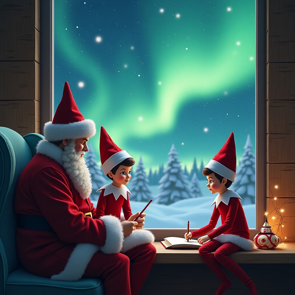 In a cozy cabin, Santa Claus is sitting with two elves by a window. The scene showcases a beautiful sky filled with northern lights. They are writing notes together, preparing for the holiday season. The ambiance is warm and inviting, highlighting the magic of Christmas. This festive setting embodies the spirit of giving and excitement as they get ready for the arrival of kids.