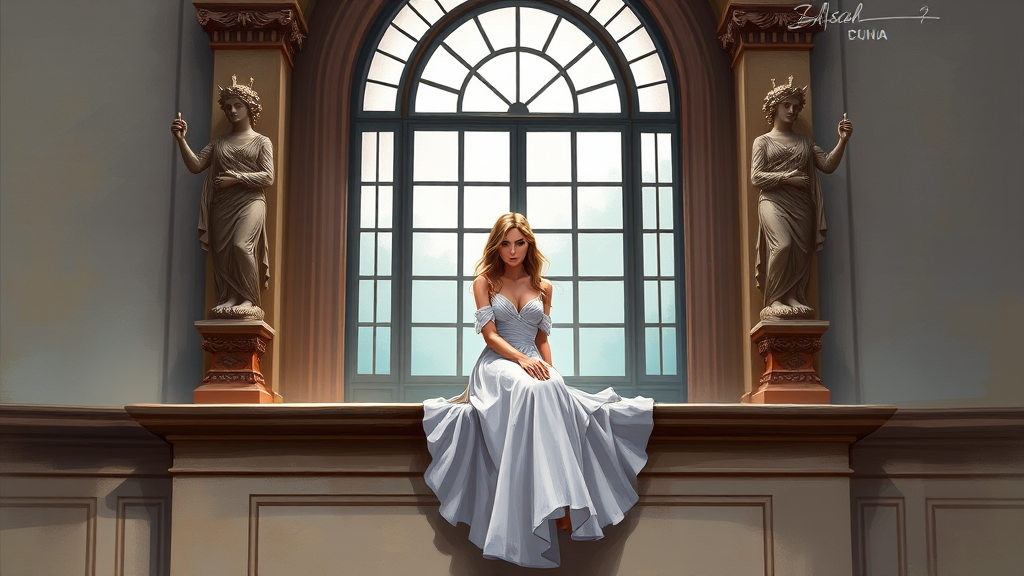 A woman in a blue dress sits gracefully by a large arched window, flanked by two statues.