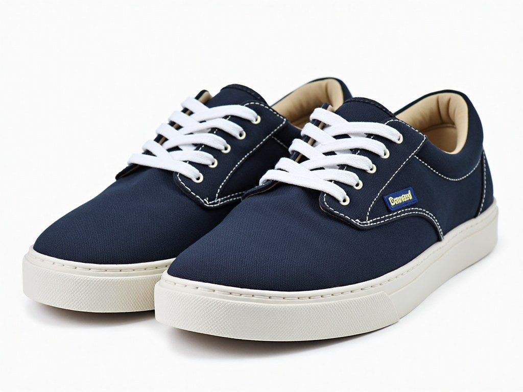 The image features a stylish pair of sneakers. They have a navy blue canvas upper, complemented by a white rubber sole that is textured. The sneakers are designed with white laces and stitching, giving them a classic look. The interior of the shoe appears to be lined with a beige material, adding a cozy touch. The overall design is casual and versatile, suitable for various outfits.