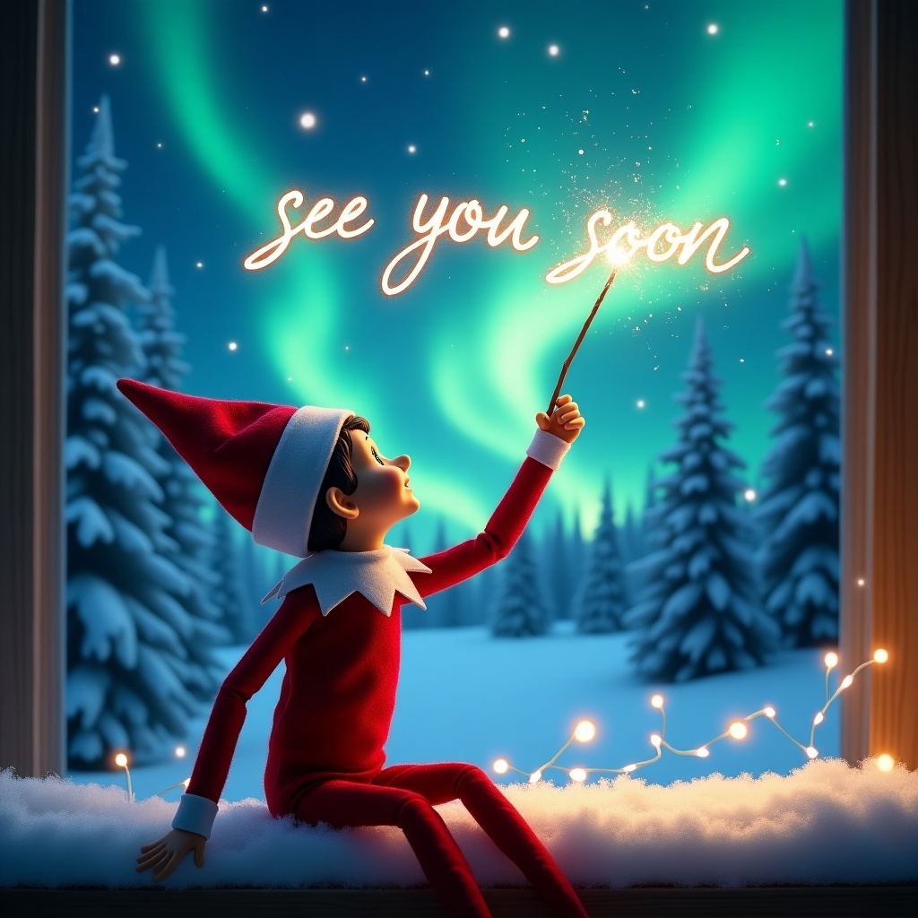 This image depicts an elf on the shelf with its back turned, gazing up at a beautiful magical sky. The elf is using a wand to trace the name 'see you soon' in the air, creating a sparkling effect. The background is filled with a winter wonderland, featuring snow-covered trees and vibrant northern lights illuminating the night sky. This scene evokes a sense of wonder and holiday magic. It captures the spirit of Christmas and personalization for children celebrating the season, enhancing the theme of festive joy.