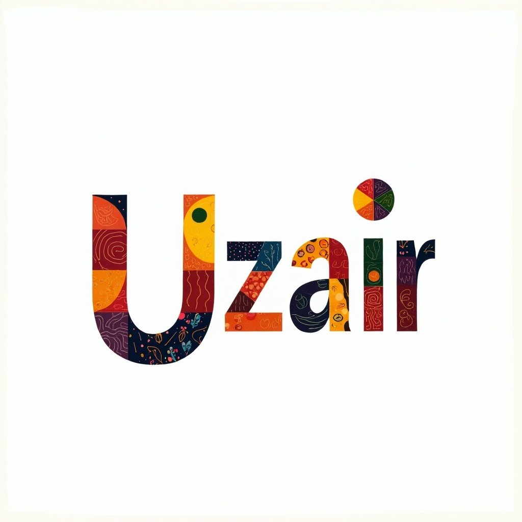 Stylized text representation of the name Uzair. The letters incorporate various artistic patterns and colors. The design is vibrant and modern. Suitable for branding and art applications.