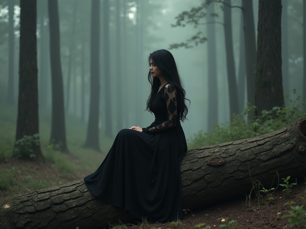 The image features a woman sitting on a fallen tree trunk in a dense, misty forest. She is dressed in a long black dress with lace details. Her hair is long and dark, flowing down naturally. The surrounding forest is filled with tall trees, partially obscured by fog, creating a serene yet mysterious ambiance. The scene evokes a sense of calmness and evokes themes of solitude and reflection.