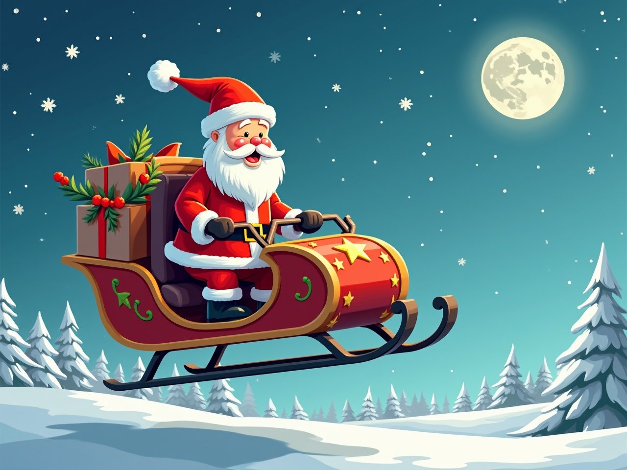 Santa Claus on electric powered sleigh in cartoon style. Bright colors and snowy landscape in the background with gifts and festive decorations.