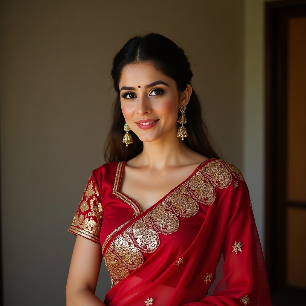 A woman elegantly dressed in a traditional red and gold embroidered saree, showcasing intricate designs