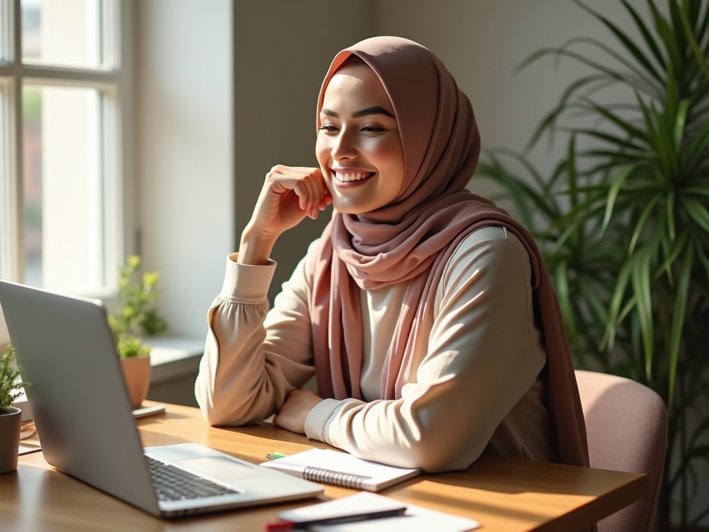 A smiling woman wearing a hijab is sitting at a desk with a laptop in front of her. The room is well-lit with sunlight coming through large windows, creating a warm atmosphere. There are small plants on the desk, adding a touch of nature. The woman appears to be enjoying her work, showcasing confidence and comfort. She is dressed in casual yet stylish attire, reflecting a modern and professional look.