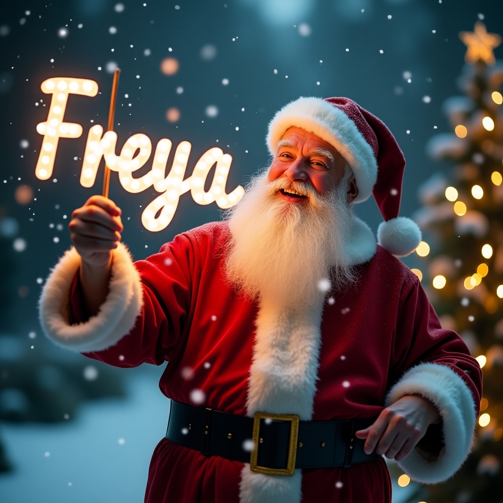 The image features a jolly Santa Claus celebrating Christmas night. He is dressed in a classic red suit with white fur trim, surrounded by gently falling snow. Santa holds a glowing stick that illuminates the name 'Freya.' In the background, you can see fairy lights twinkling around Christmas trees. The scene radiates warmth and holiday magic, embodying the joy of Christmas family gatherings.