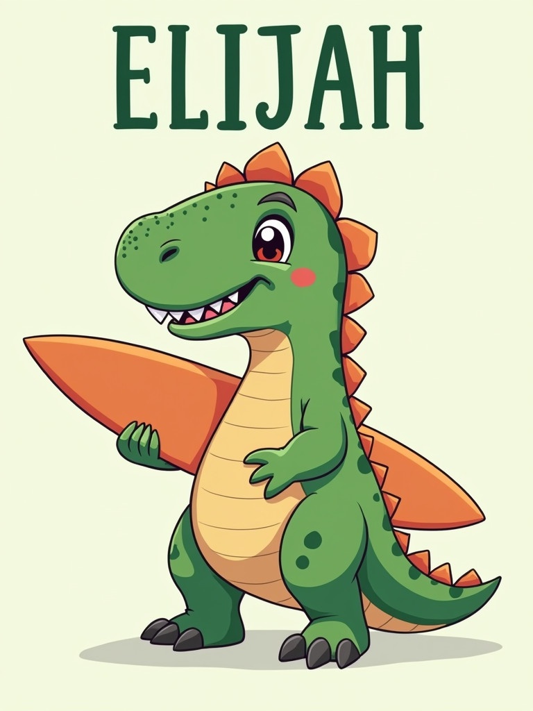 A cute dinosaur holds a surfboard with the name 'ELIJAH' displayed in cartoon font. The dinosaur is friendly and playful. The colors are bright and appealing to children.