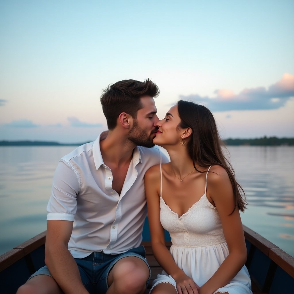 Young couple seated in a boat. Guy kissing girl on the cheek. Girl looking at the camera smiling. Sky has pleasant bluish pink clouds. Water reflects the sky.