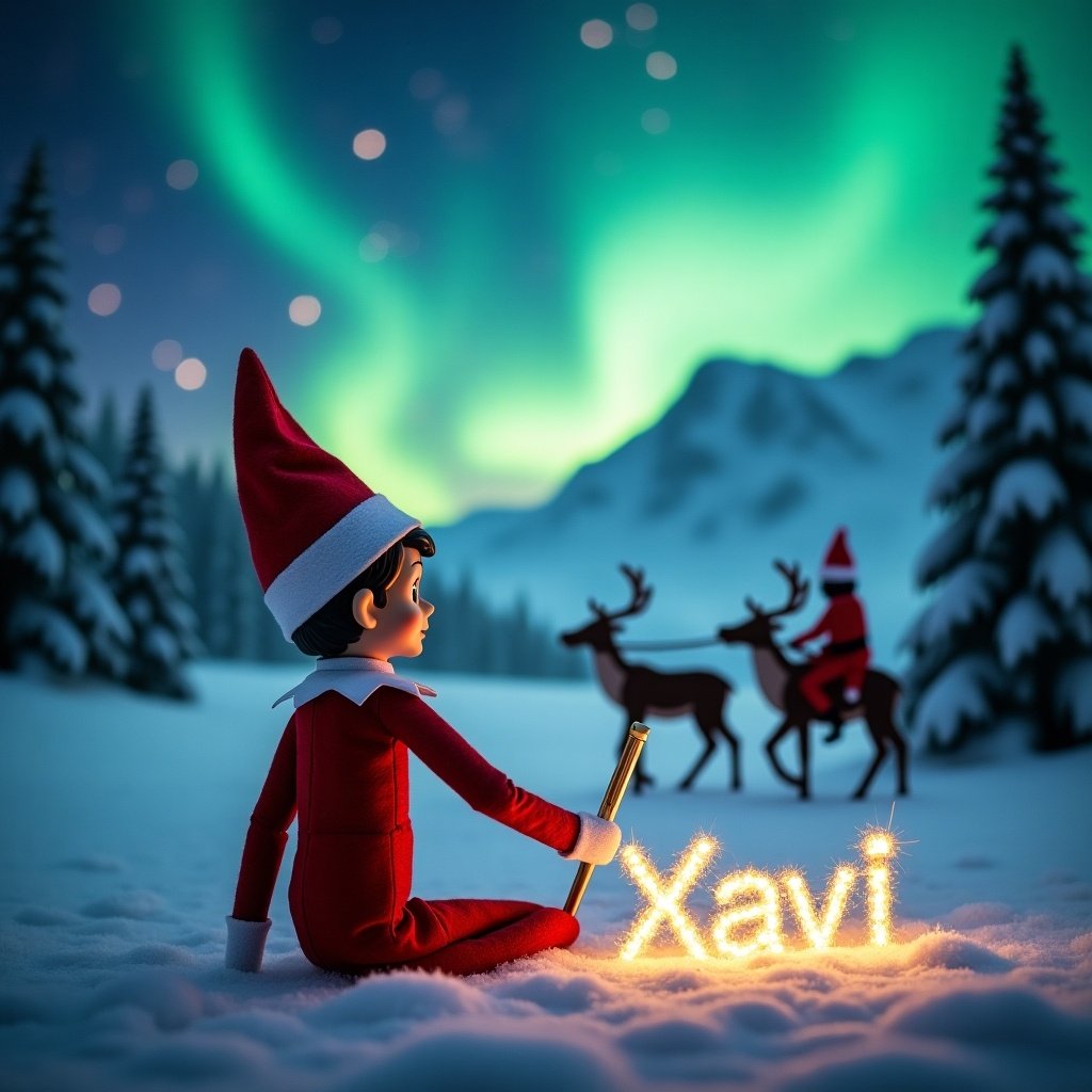 The scene features an Elf on the Shelf with its back to the viewer, gazing at the sky. Behind the elf is a stunning winter landscape illuminated by vibrant northern lights. A silhouette of Santa Claus can be seen riding his reindeer in the background. Snow-covered trees and a serene mountain range complete the enchanting holiday atmosphere. The elf is using a wand to spell the name 'Xavi’ in sparkling letters.