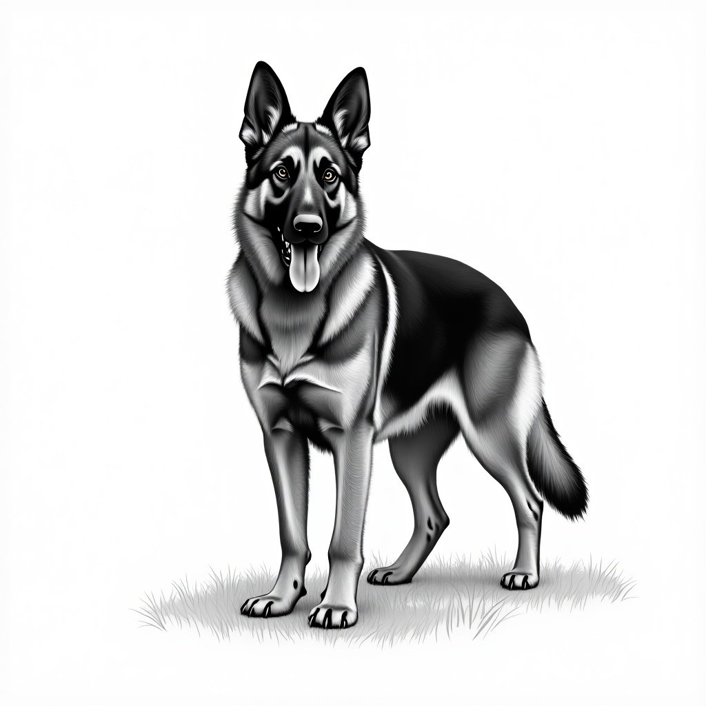 Drawing of a German Shepherd dog in black and white. The dog stands on grass.