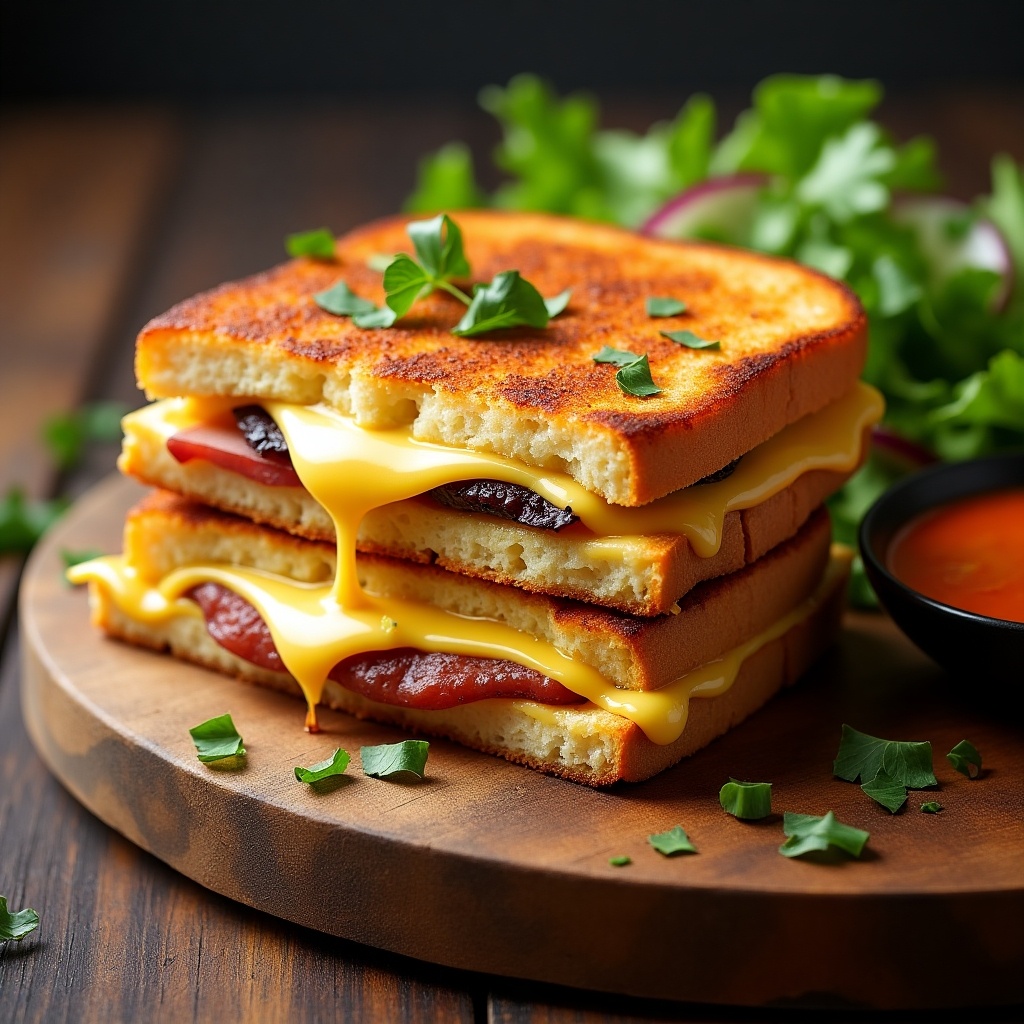 This image features a delicious Halloumi and cheese toast sandwich stacked high with layers of melted cheese. The golden-brown toast is perfectly grilled, showing a crispy exterior. Fresh green herbs garnish the top, adding a pop of color. A small bowl of dipping sauce sits beside the sandwich, enhancing the presentation. The rustic wooden backdrop adds warmth and ambiance to the scene. This indulgent meal is perfect for a comforting lunch or snack.