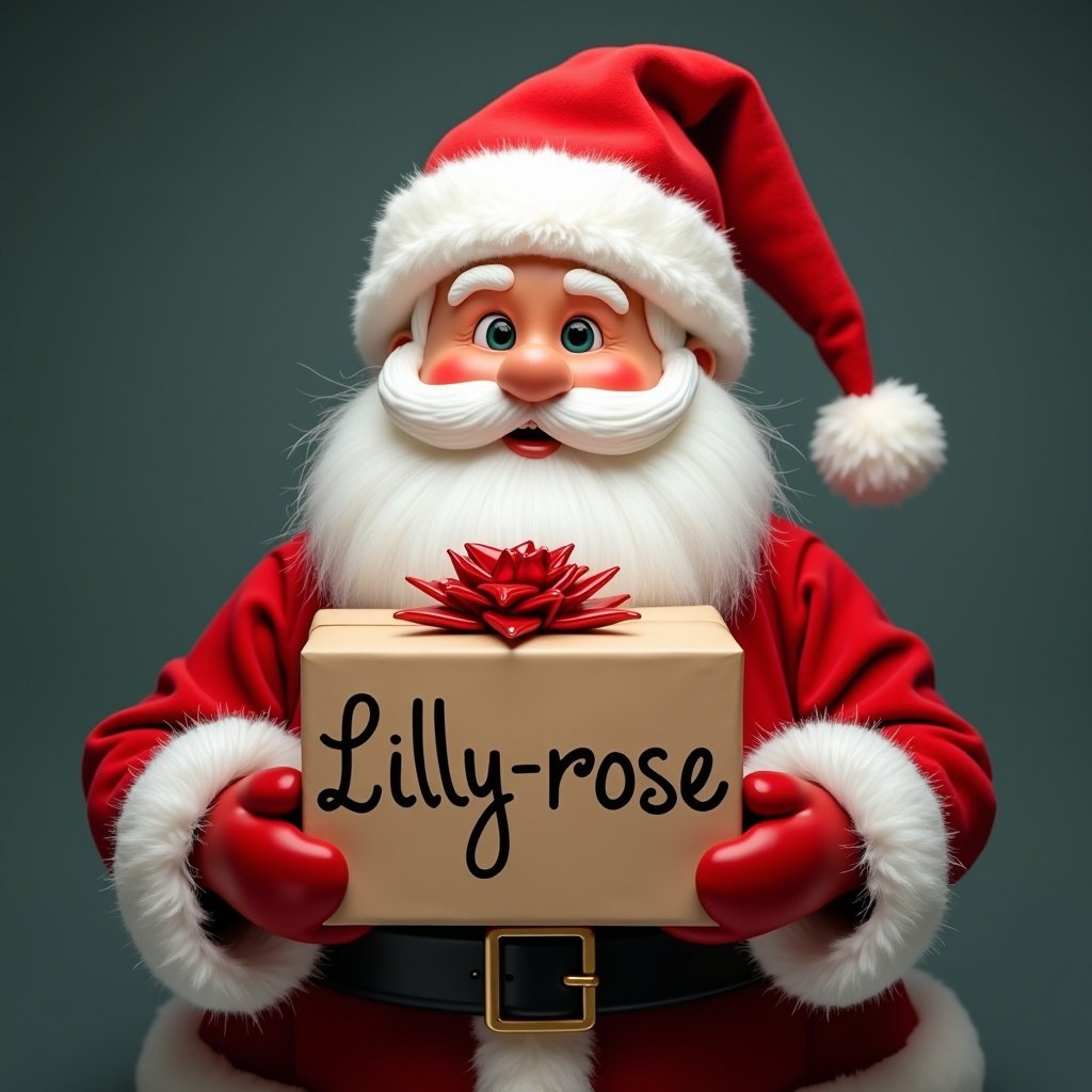 Santa wears a red outfit with white trim. Santa holds a gift with a red bow. The name Lilly-rose is written on the package. The background is a neutral color that does not distract from the holiday theme.