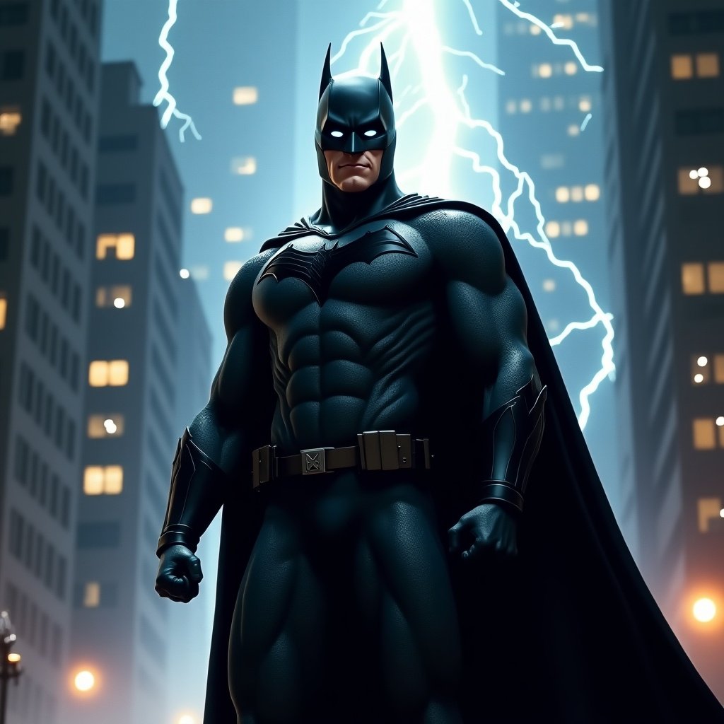 Image portrays stylized popular superhero in city. Character in black costume with cape. Lightning strikes illuminate scene. Skyscrapers in background. Evokes courage and justice themes.