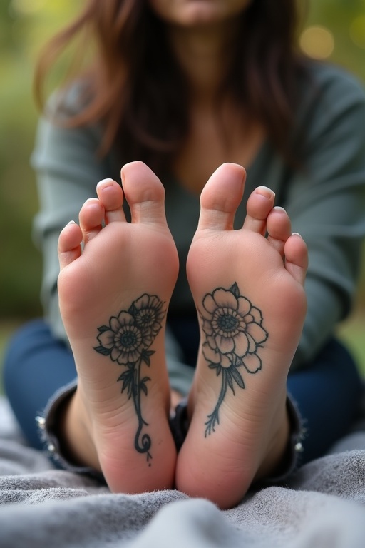 A mature goth woman shows her tattooed soles and toes of bare feet. She sits on a blanket outdoors. The focus is on her feet with prominent floral tattoos. The background features soft greenery and a blurred view.