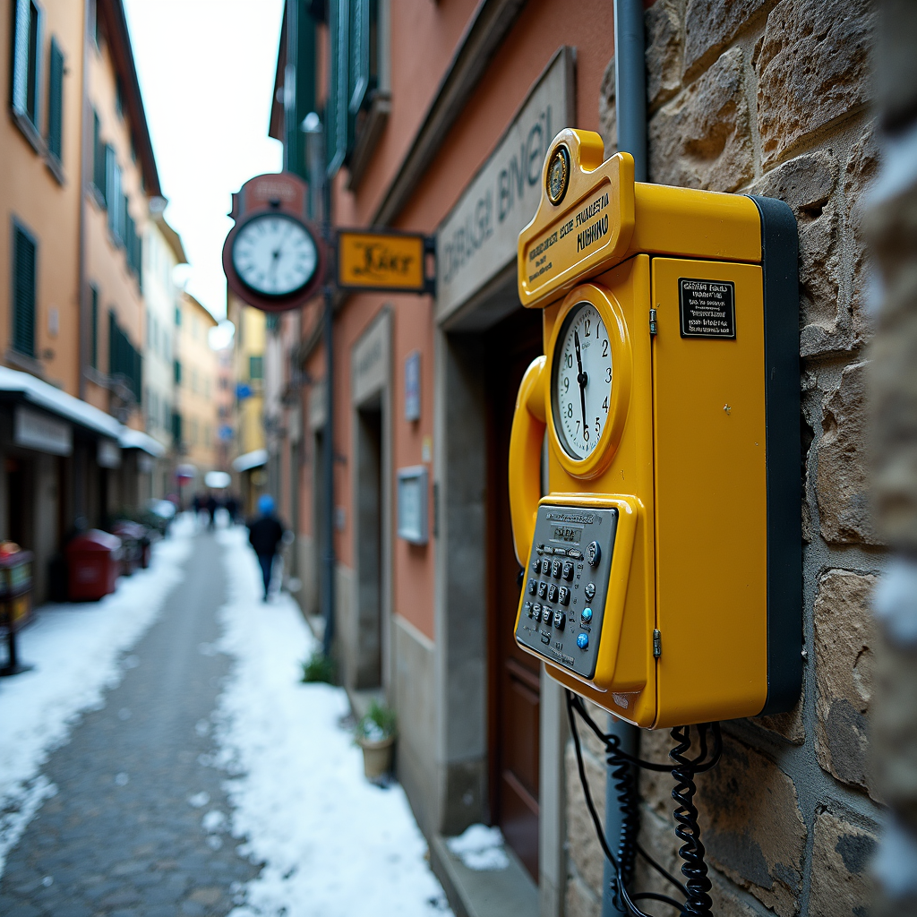 A striking yellow payphone with a clock is mounted on a stone wall along a snow-dusted European alley, where the street is lined with pastel-colored buildings and vintage signage.