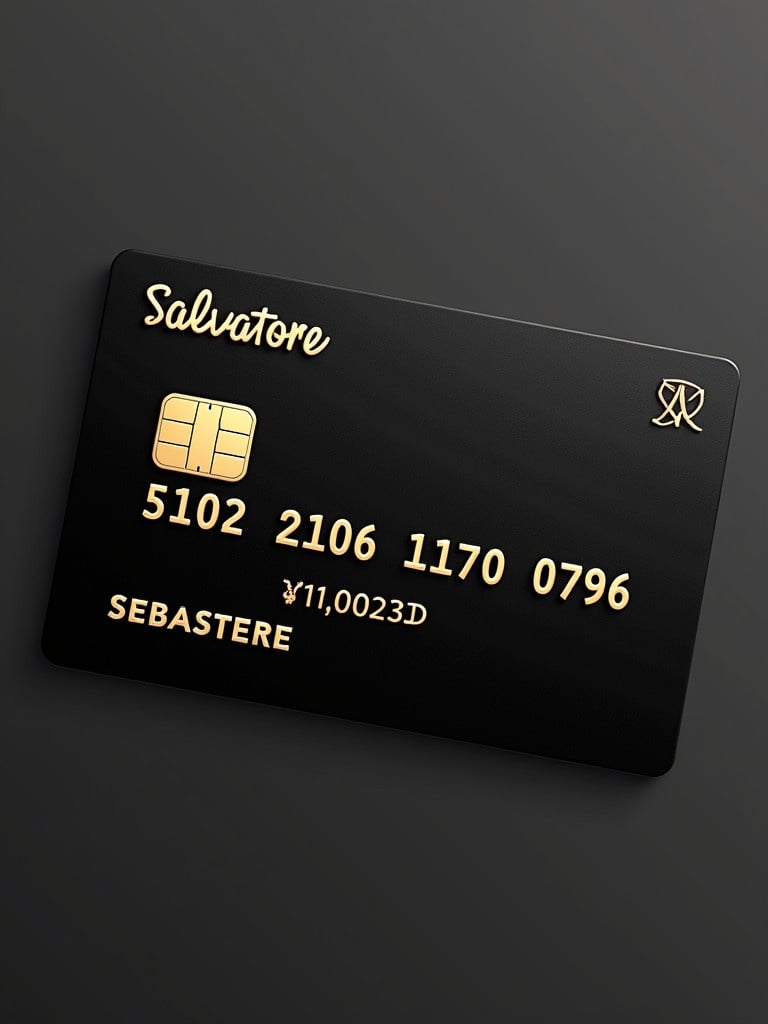 Image depicts a black credit card with gold text and a chip. Card features number 5102 2106 1170 0796. Name on the card is Sebastian Salvatore.