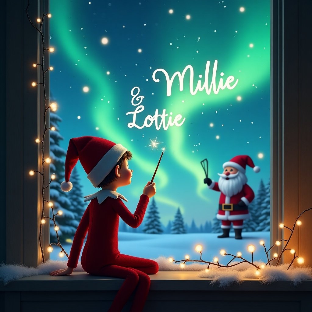 Elf on the shelf facing the sky using a wand to write Millie and Lottie. Magical Christmas background features northern lights and Santa Claus. Cozy room view with decorations.