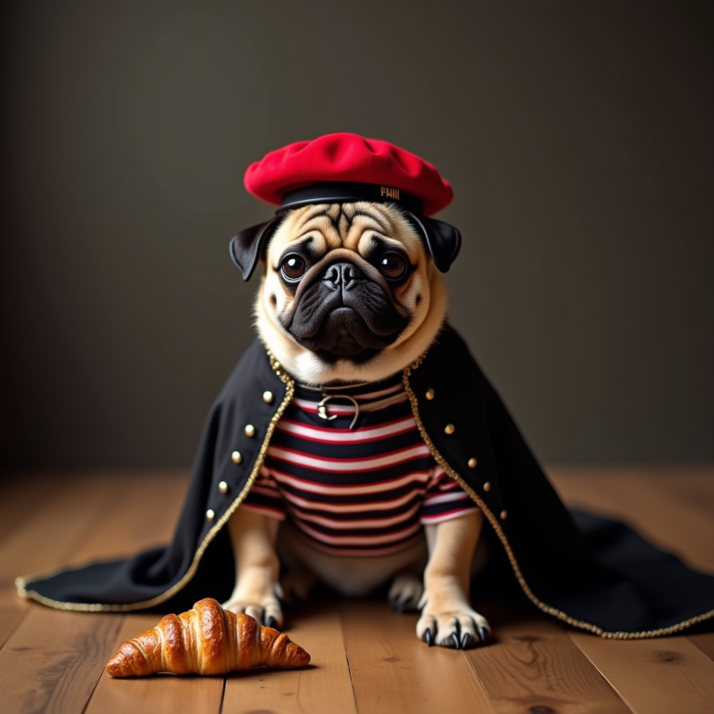 A pug, wearing a red beret and striped shirt with a black cape, sits next to a croissant on a wooden floor against a dark background.