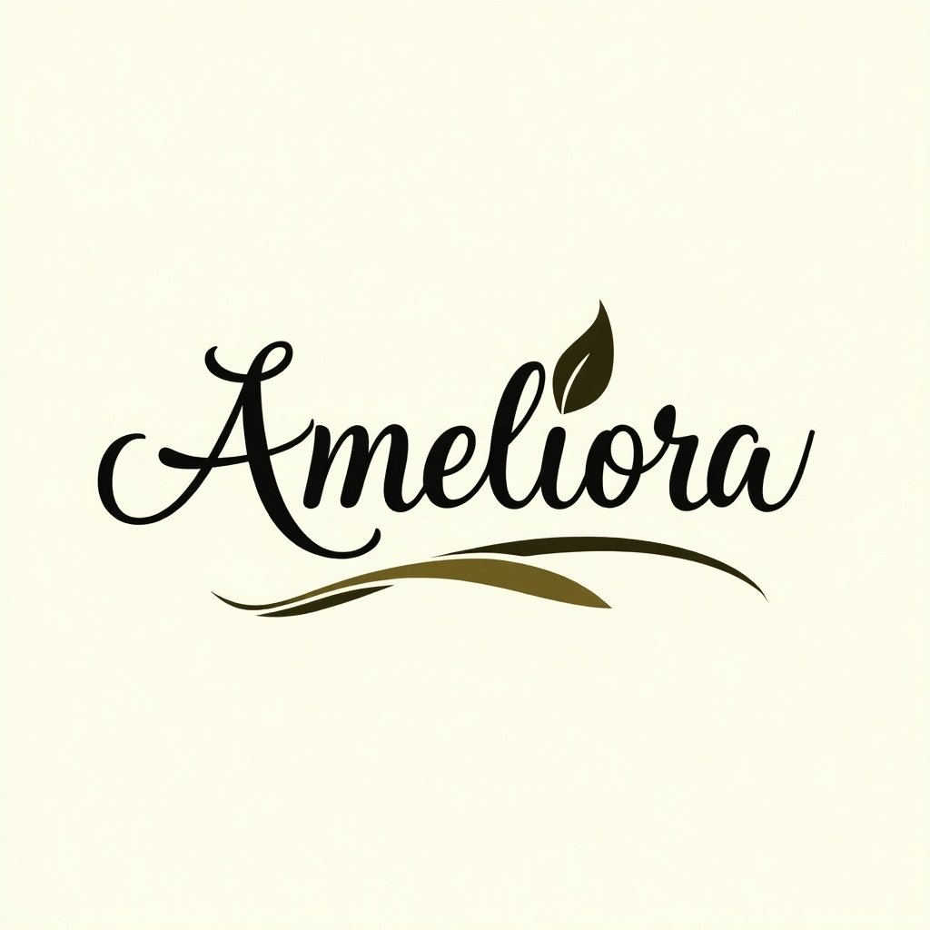 Lavish calligraphy stylizing the name Ameliora. Intertwined with a logo representing sophisticated olive oil.