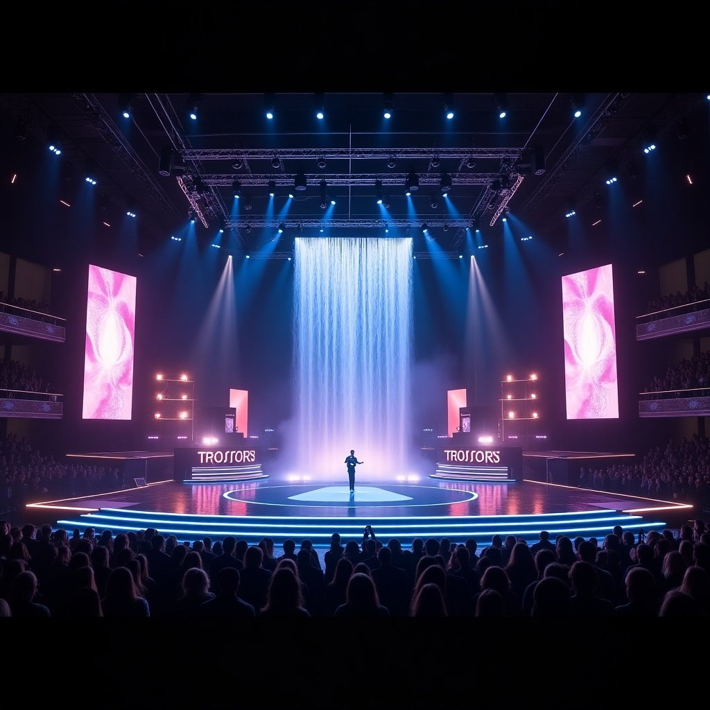 Stage designed with two large screens. Central waterfall creates a dramatic effect. Large performance area for events.