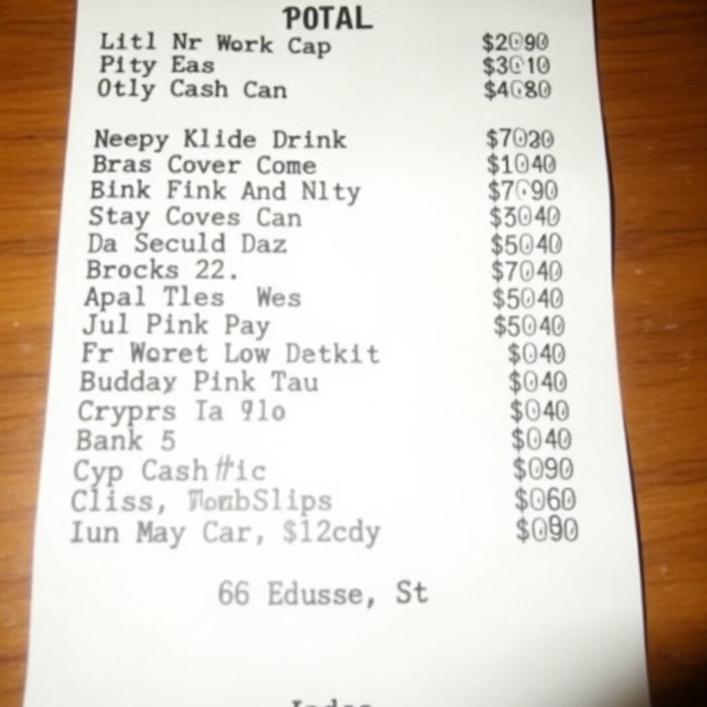 Receipt shows food and drink items. Total amount is recorded. Payment made in cash. Date shows December 20, 2024. Location is 66 Emerson St.