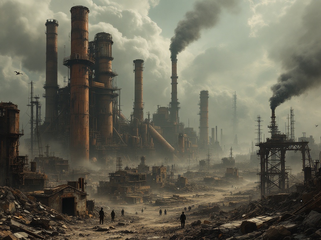 Design world as an extensive post-apocalyptic industrial wasteland. Humanity clings to survival amidst monolithic factories. The environment features decaying cities and ash-covered skies with minimal sunlight. Graphics are hyperrealistic with high detail and sharp textures.