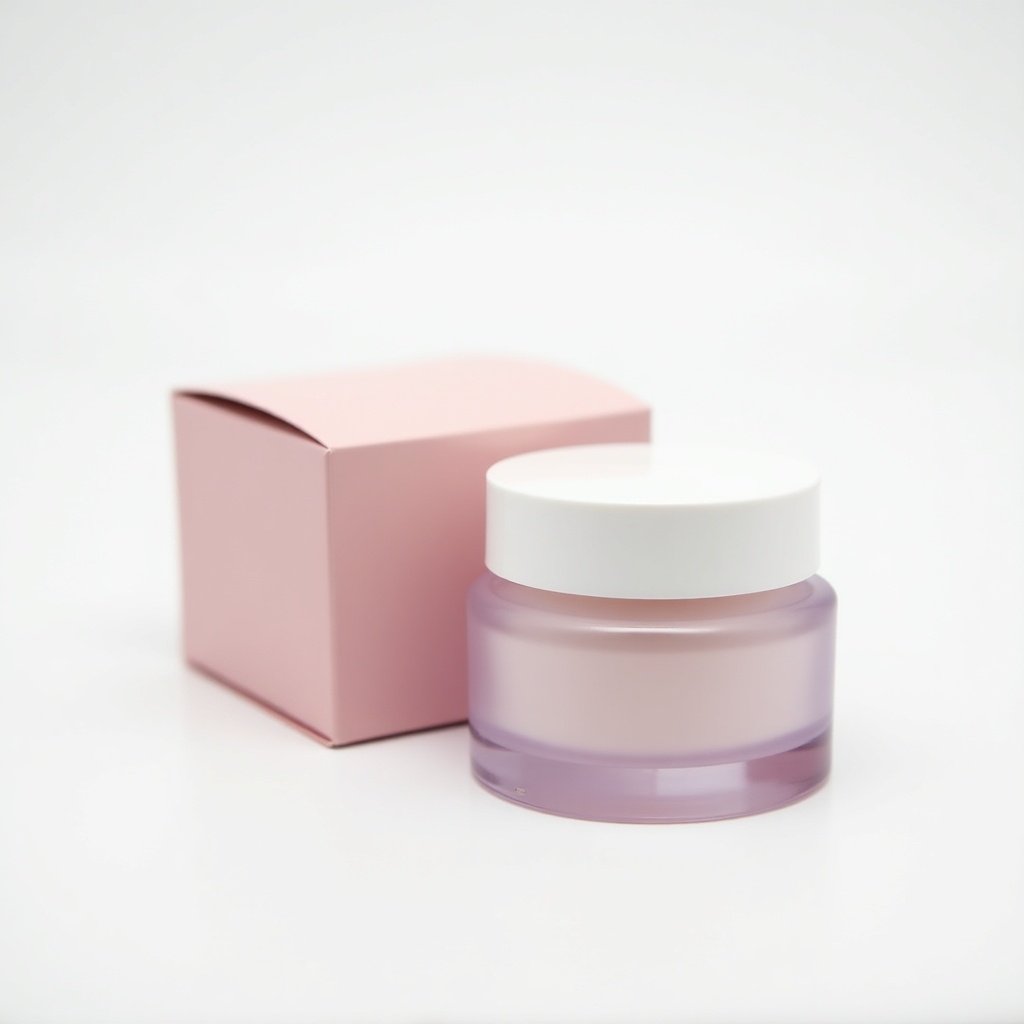 Airless pump cosmetic jar made of solid acrylic plastic. Jar features a white lid with a pink hue, standing beside a square packaging box in a matching color. Clean background for a modern aesthetic.