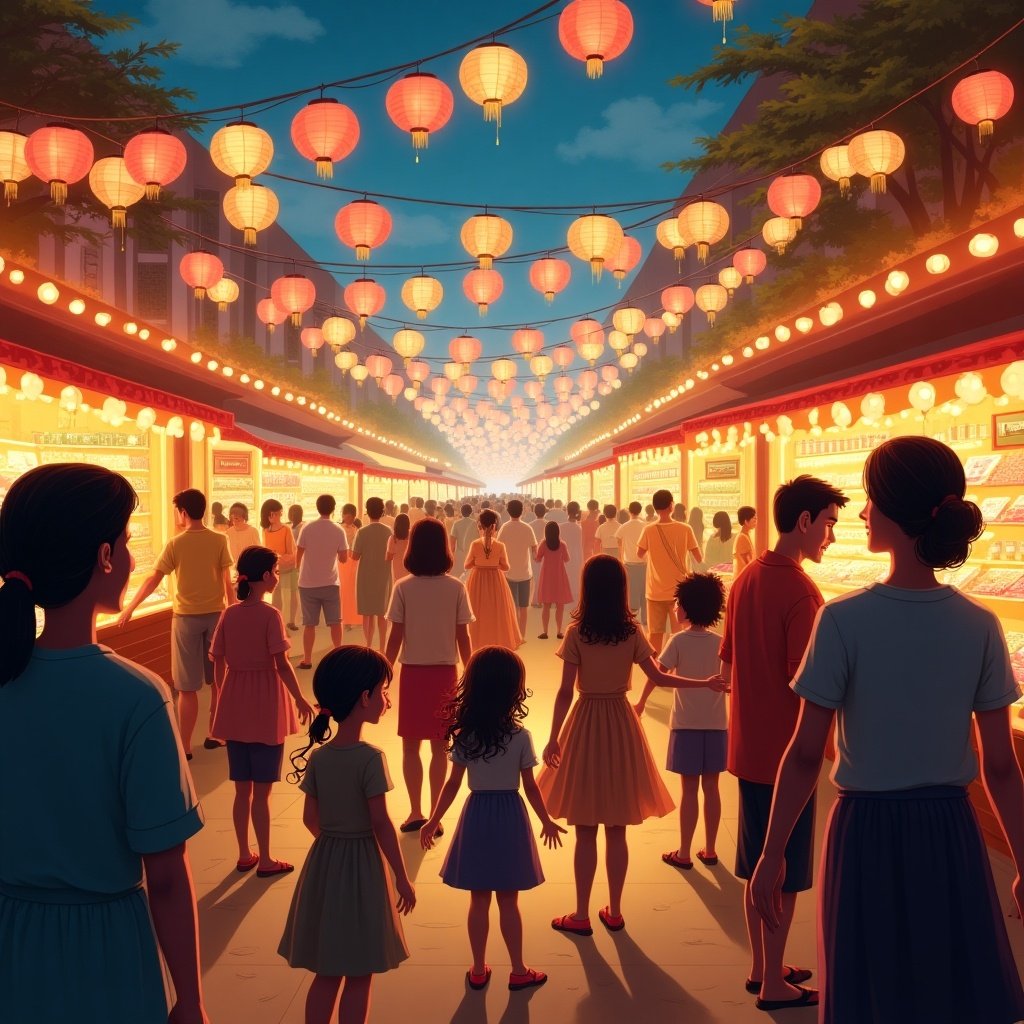 Festive scene of a vibrant night market. Red lanterns illuminate a crowded street. Families and individuals enjoying the atmosphere. Beautiful decorations and warm lights fill the market. Different age groups present, creating a lively ambiance.