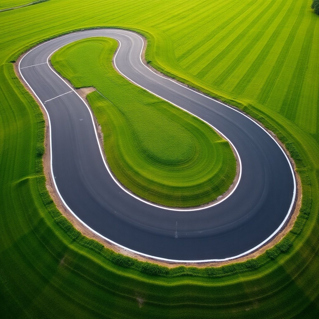 A motorcycle track curves through a vibrant green field. The image shows an aerial perspective of the scene.