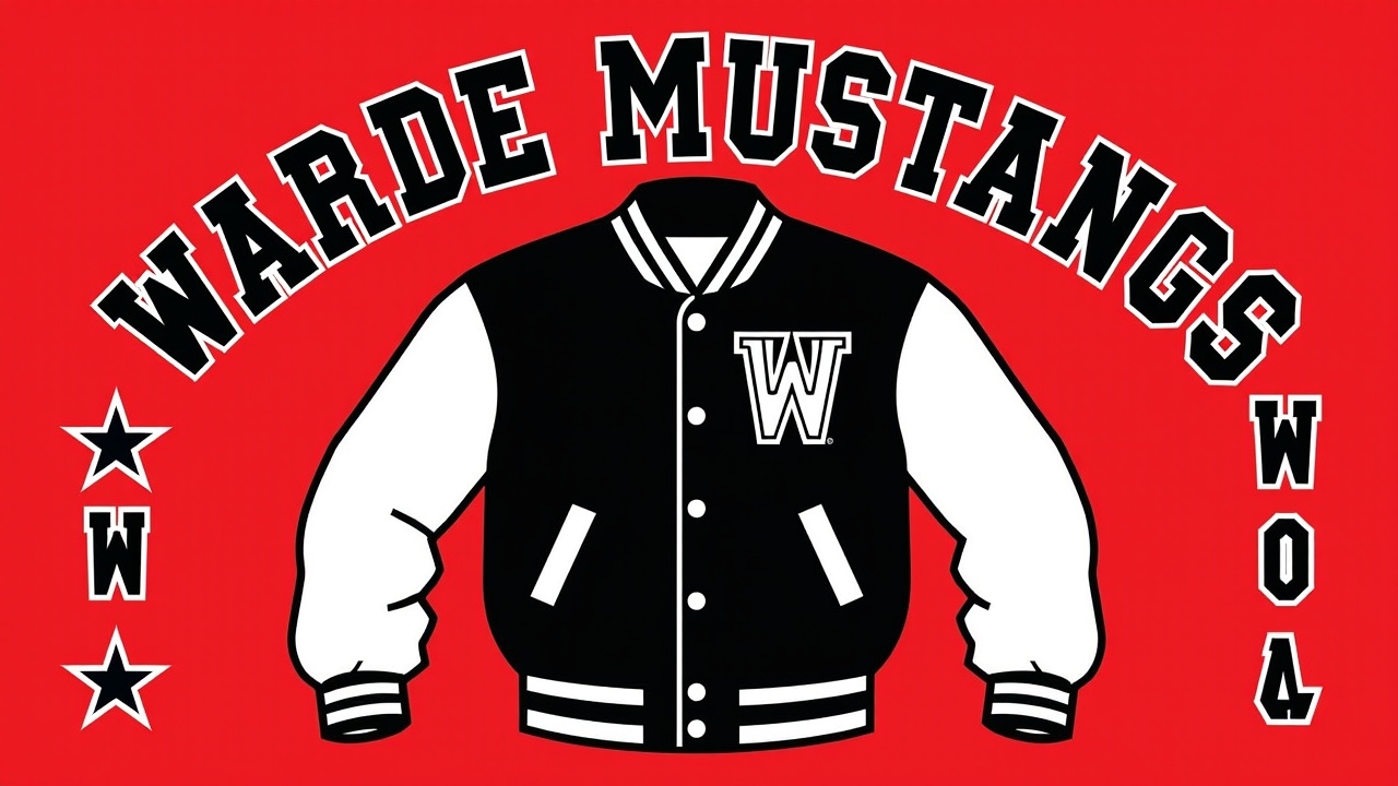 an illustration of a varsity jacket with text 'Warde Mustangs', featuring a bold black and white design on a red background