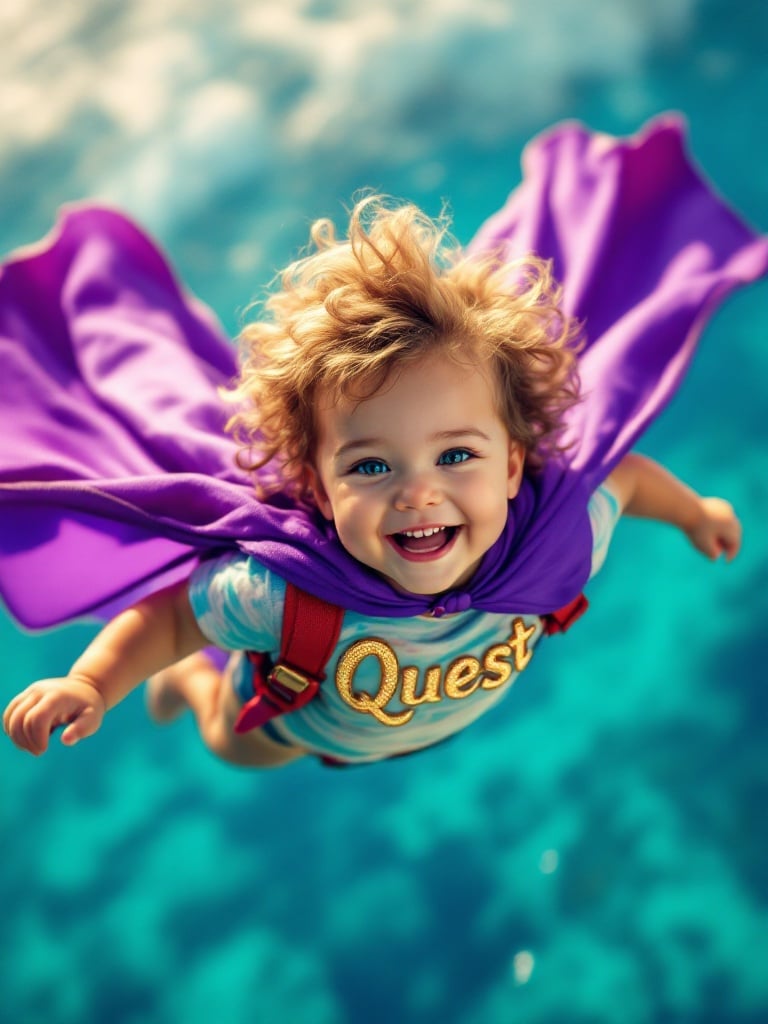 Two babies glide through the sky above turquoise waters. Wears purple capes and colorful Quest shirts. Wide smiles show joy of exploration. Warm sunlight enhances the magical atmosphere.