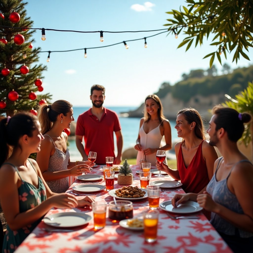 Oracle cloud infrastructure sales team celebrates Christmas with outdoor gathering. The setting includes bright sunlight and festive decor around the dining table. Group of people enjoying food and drinks together in a relaxed atmosphere on a summer day.