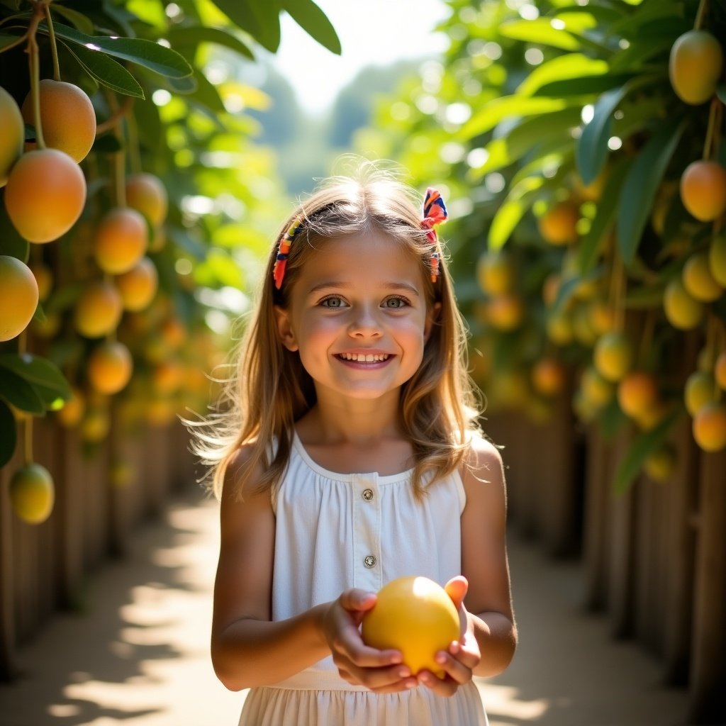 A child holds a mango in an orchard filled with mango trees. The scene is bright and cheerful, depicting the joy of childhood in nature.