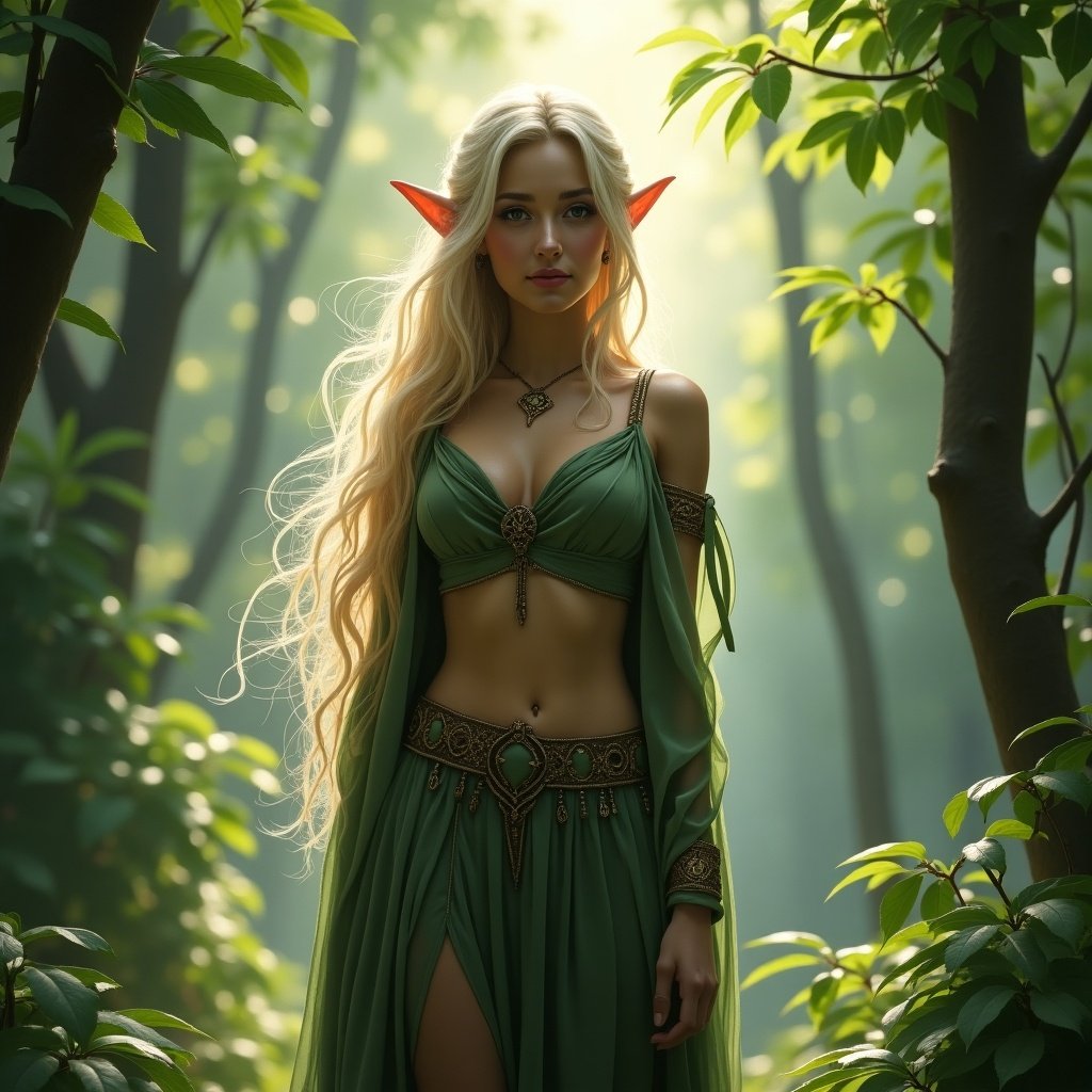 Female Elf stands in a forest. Lush green surroundings. Elegant dress. Long hair. Magical atmosphere.