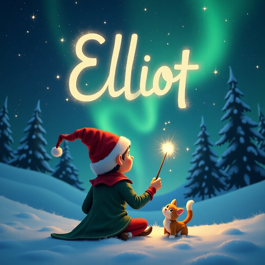 An elf is seated on the snowy ground, facing away from the viewer while looking up at the sky. He holds a shiny magic wand that emits a soft glow, enhancing the enchanting atmosphere. The name 'Elliot' is beautifully written in sparkling letters in the sky above him. Surrounding the elf are snow-covered trees, adding depth to the winter scene. Beside him sits a small cat named Zara, creating an adorable companionship.