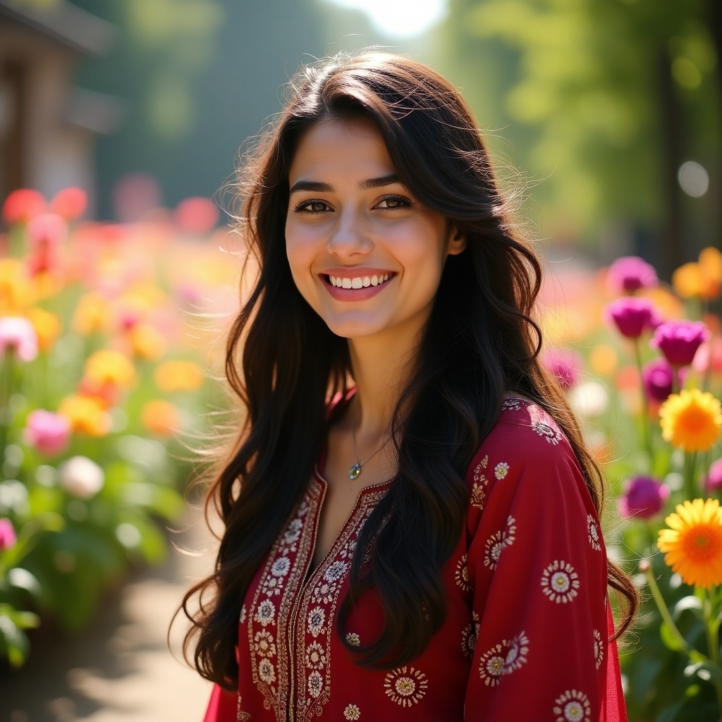 The image features a young woman smiling joyfully amidst a vibrant flower garden. She is dressed in a beautiful traditional outfit, characterized by red fabric adorned with intricate patterns. The background is filled with an array of colorful flowers, creating a lively and cheerful atmosphere. Soft sunlight illuminates her face, enhancing her natural beauty. This setting evokes feelings of happiness and celebration, ideal for showcasing cultural attire and nature's beauty.