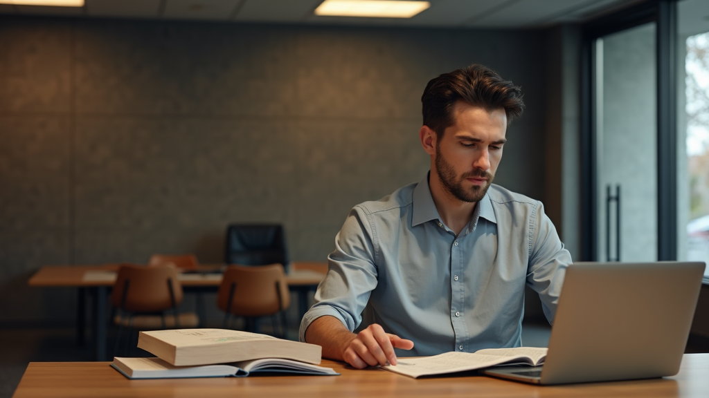 A man in a blue shirt intently studies at a desk with books and a laptop in an office setting.