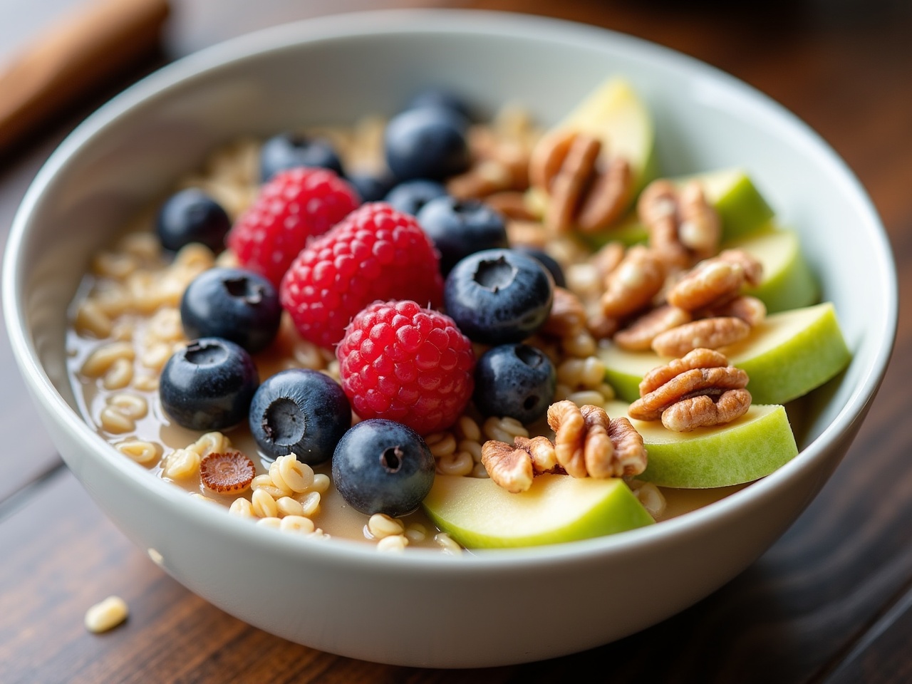 This image showcases a delicious bowl of overnight oats topped with fresh green apples, mixed berries, and walnuts. The oatmeal is glistening with a drizzle of honey, providing a touch of sweetness. Juicy raspberries and blueberries create a vibrant contrast against the creamy oats. This appetizing scene is perfect for health-conscious breakfast enthusiasts. The bowl is presented on a wooden surface, adding to the rustic charm of healthy meal prep.