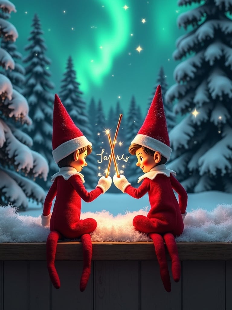 Enchanting Christmas scene features two red and white dressed elves sitting on a wooden ledge. They hold magic wands. One elf writes Jamie while the other writes Lucas in glowing script. The background has vibrant northern lights and snow-covered trees. The scene reflects holiday joy.