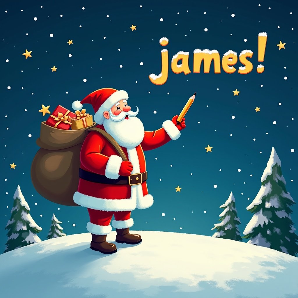 Magical winter scene. Santa Claus stands on snowy hill under starry sky. He holds a pencil and looks up while writing names in the sky. Santa wears traditional red and white suit with large sack of gifts. Night is bright with twinkling stars. Phrase 'james!' is in whimsical font.