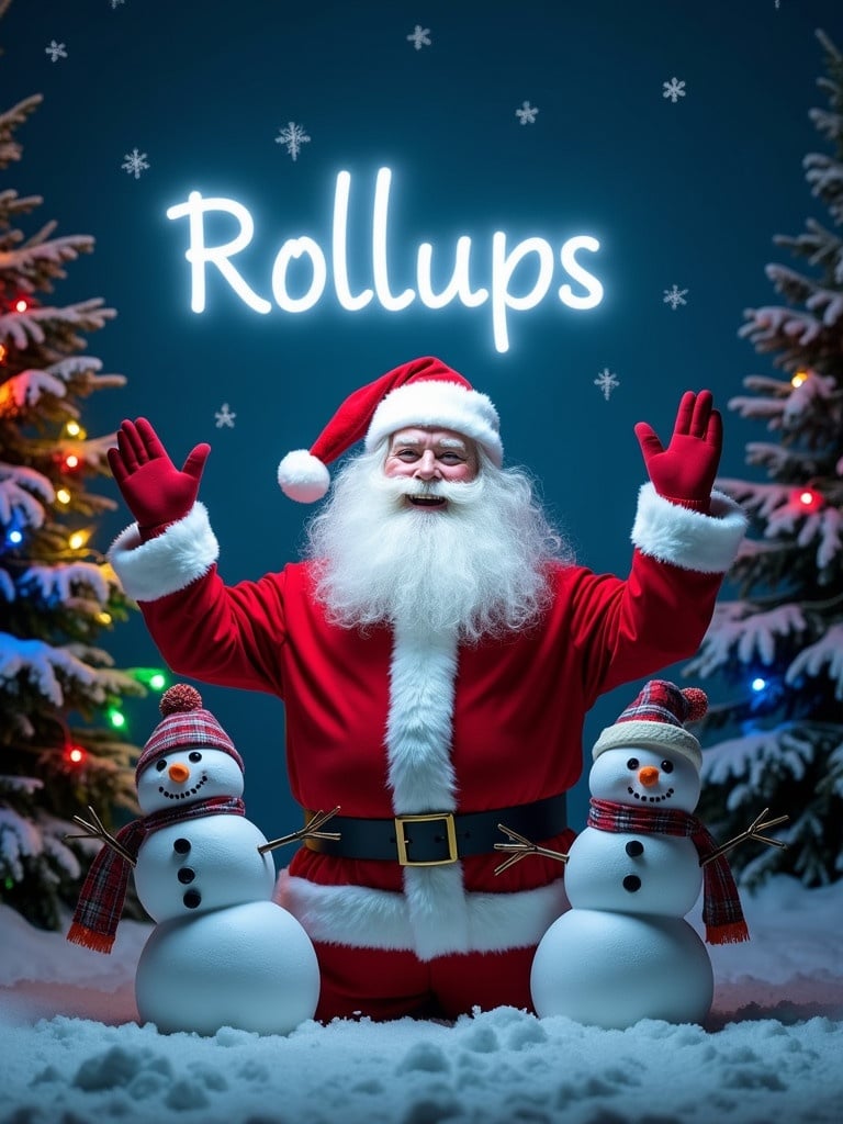 Image captures Santa Claus in a red suit. Santa holds a glow stick creating the word 'Rollups'. Two cheerful snowmen stand next to him. Background features a dark sky with stars. Colorful Christmas lights decorate the trees.