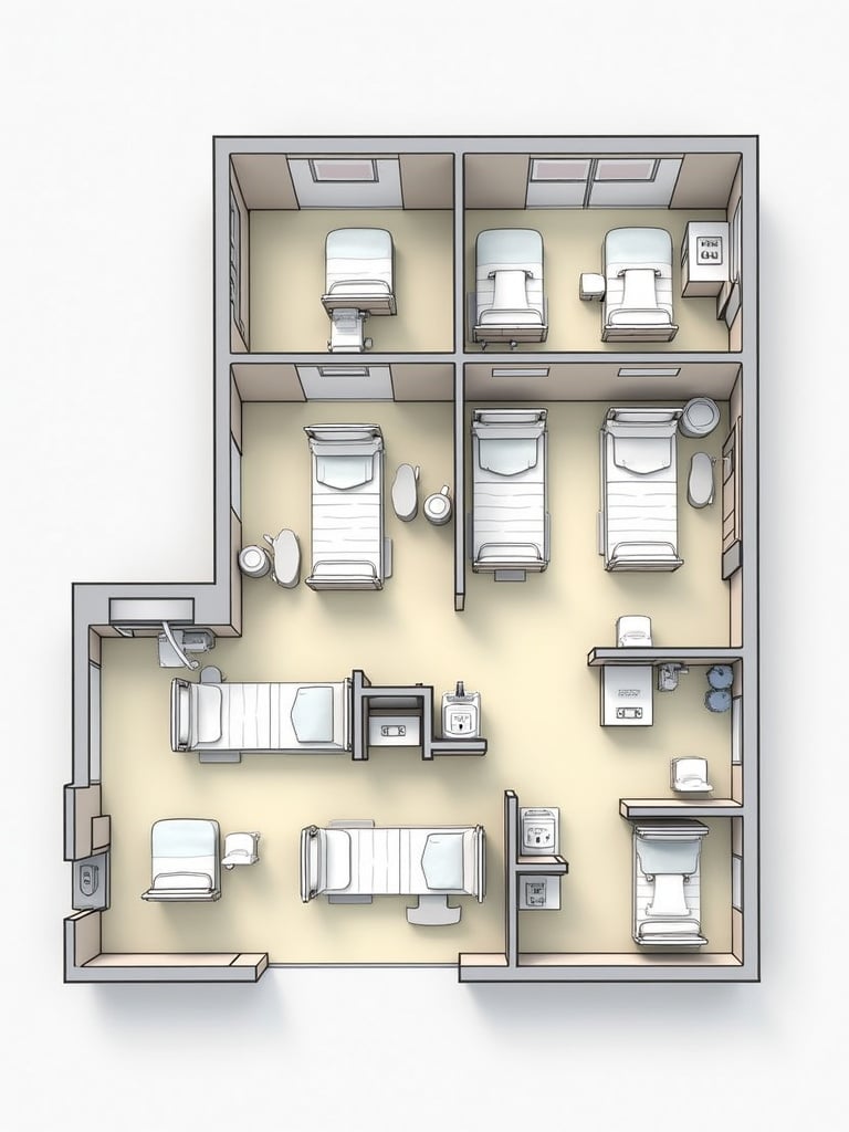 Design a maternity wing layout featuring four delivery rooms two cesarean sections and a ten-bed labor area. Include detailed specifications for each room and their arrangement for efficient medical care and patient comfort.