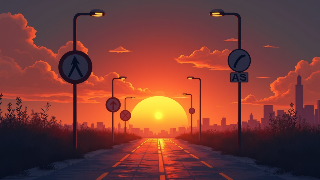 A road lined with streetlights and signs leads towards a city skyline under a vibrant sunset sky.