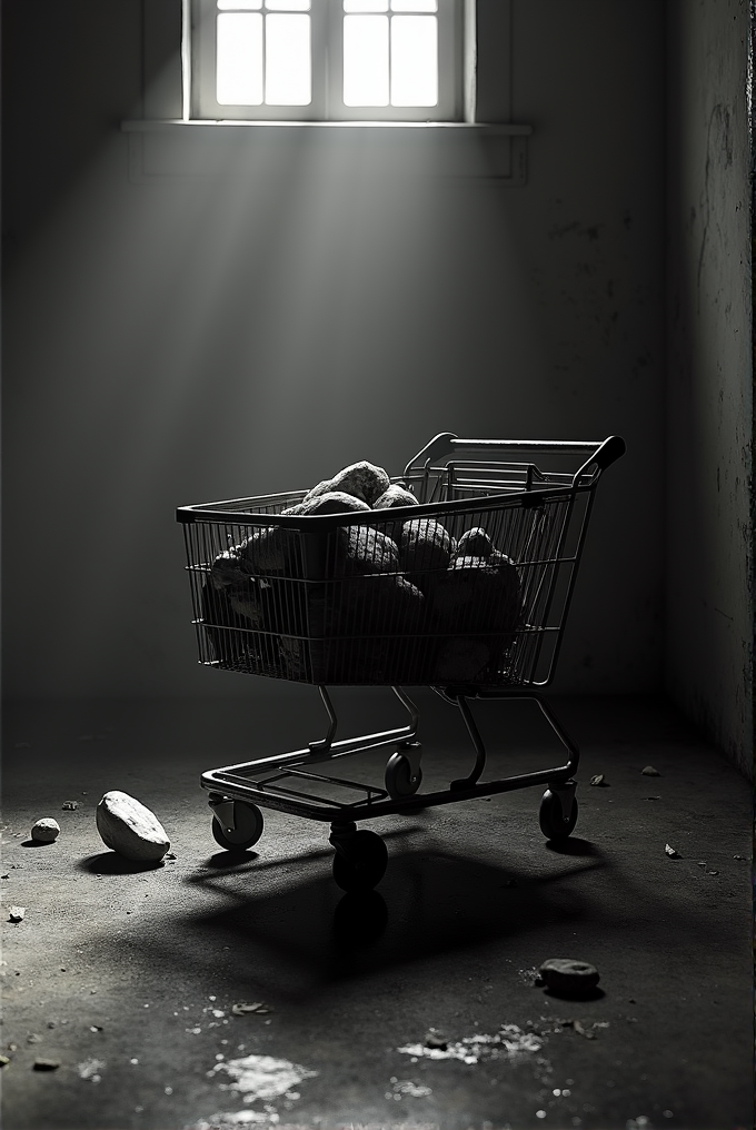 A shopping cart filled with rocks sits under a window with rays of sunlight streaming in, casting shadows in an otherwise dark and stark room.