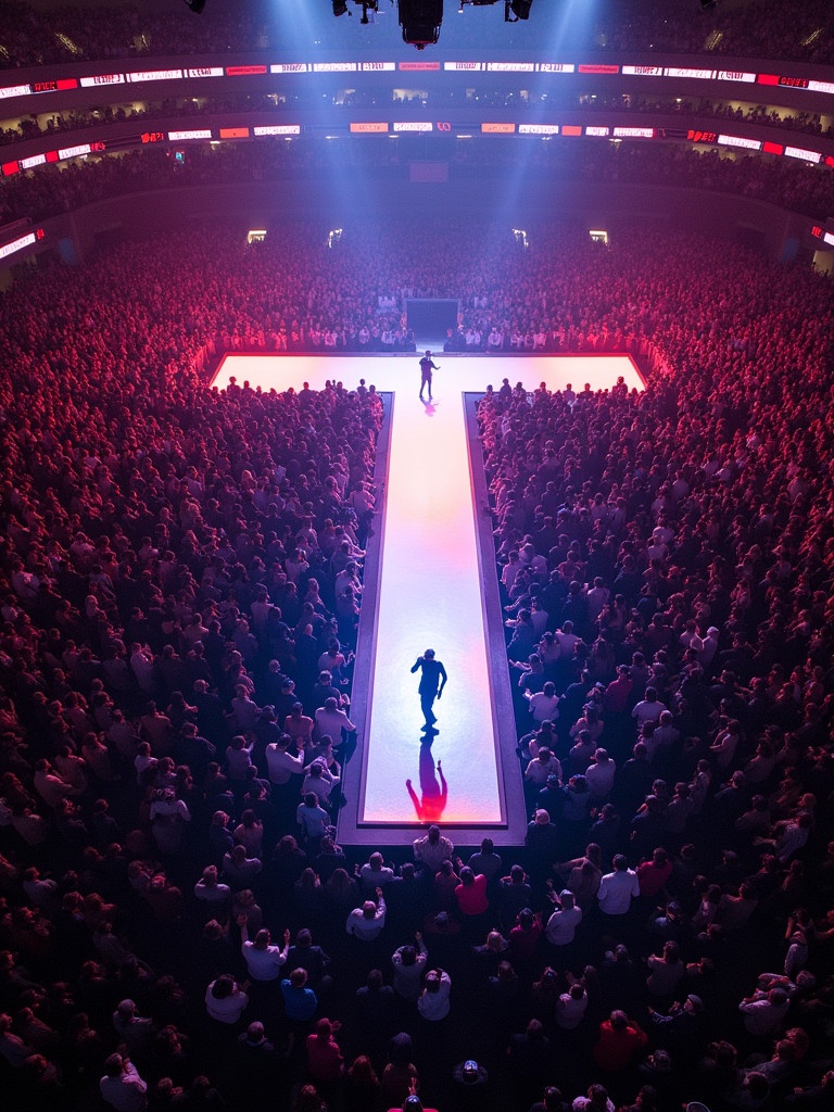 Travis Scott performs at Madison Square Garden. T-shaped stage runway is visible. Aerial view from a drone. Large crowd fills the arena.