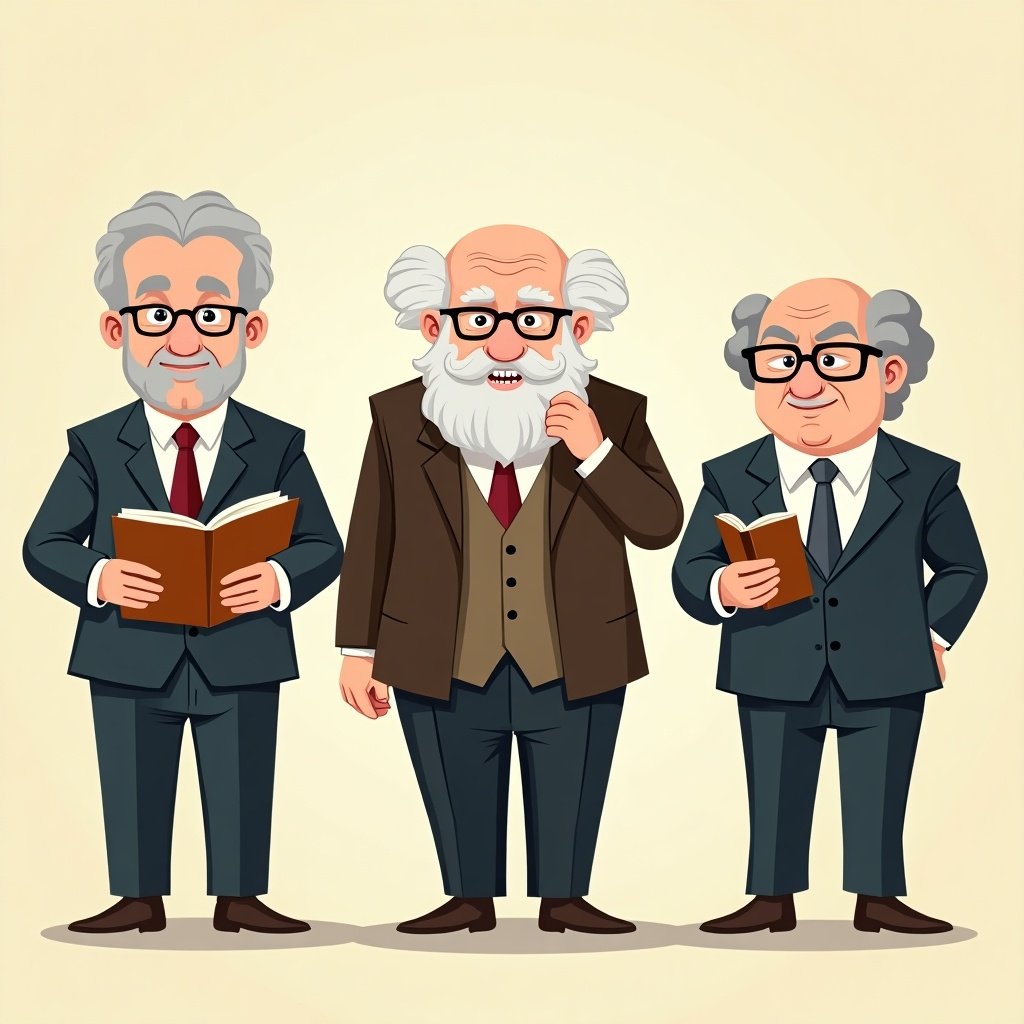 Set of three cartoon portraits featuring famous psychologists engaged in their work. Characters include Freud Ebbinghaus and Skinner. They hold books and appear thoughtful. Cartoon style with warm colors.